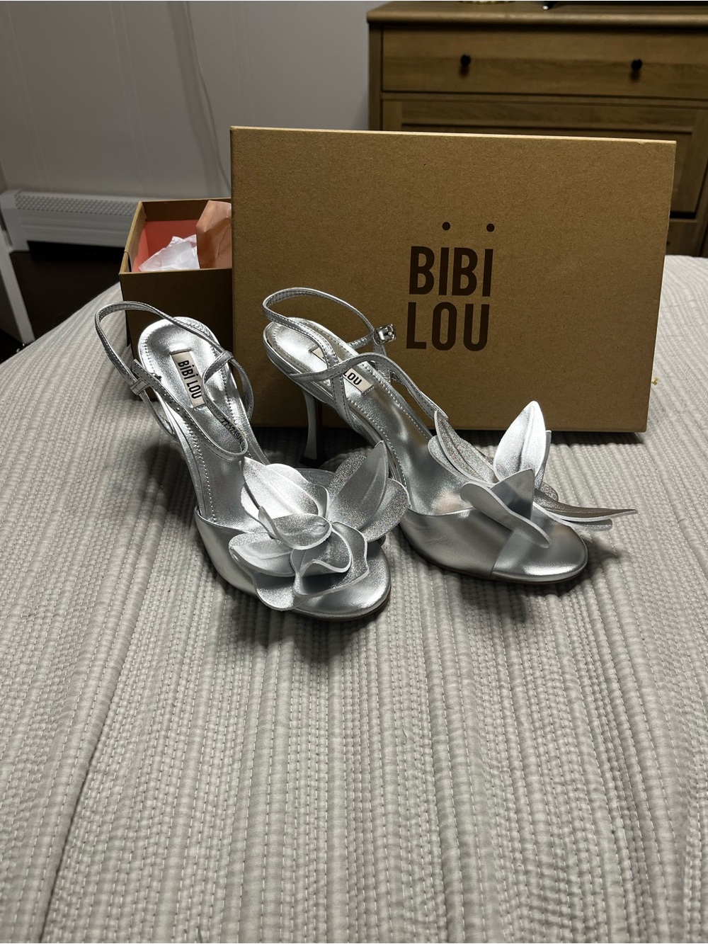 Bibi Lou Silver Floral Slingback Heels